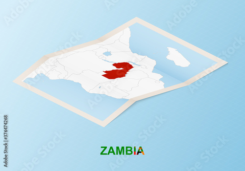 Folded paper map of Zambia with neighboring countries in isometric style.