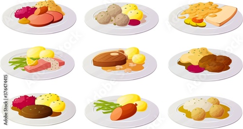 Vector illustration of scandinavian, danish and german dishes isolated on white background.