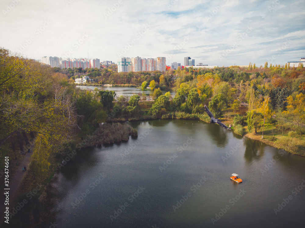 Beautiful afternoon in the autumnal park. Aerial view
