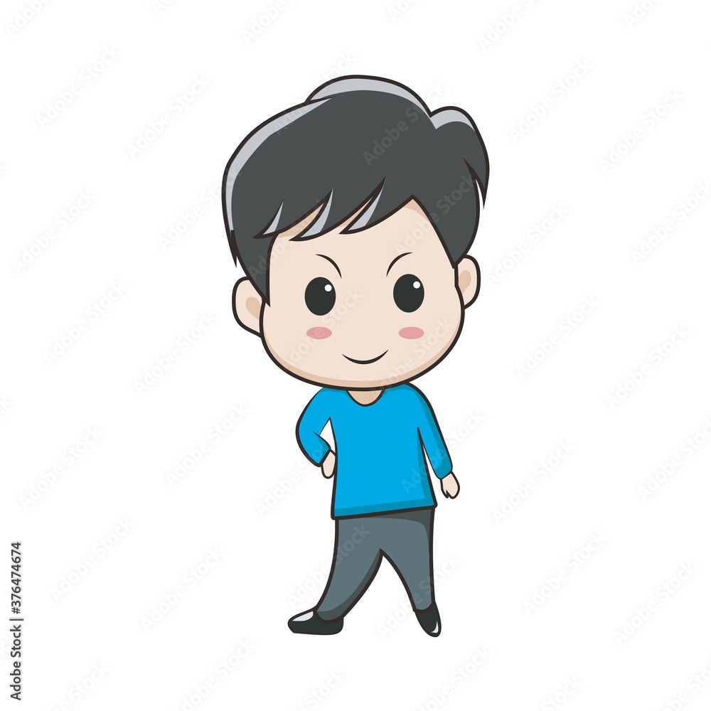 Vector illustration of cute chibi character isolated on white background.  Cartoon little boy in blue coat, gray jeans, black boots. Put hand on waist  and smilling face. Front view Stock Vector |