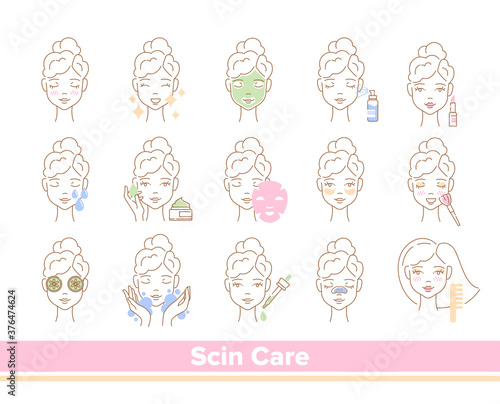 Line style Skin Care concept with beautiful ladies using assorted cosmetics and skin treatments, vector illustration