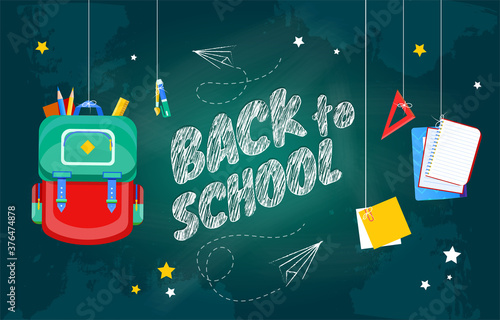Back To School concept with text on chalkboard and hanging school accessories, colored vector illustration