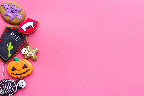 Halloween holiday background with cookies, top view