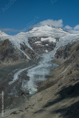 Glacier of Pasterze as of summer 2018 on the Grossglockner range in Austria. Visible decay or dissolution of glacier due to global warming or heating of environment.