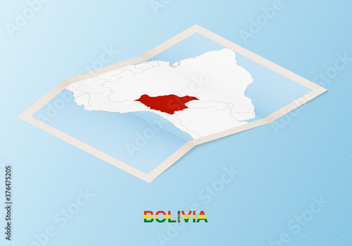 Folded paper map of Bolivia with neighboring countries in isometric style.