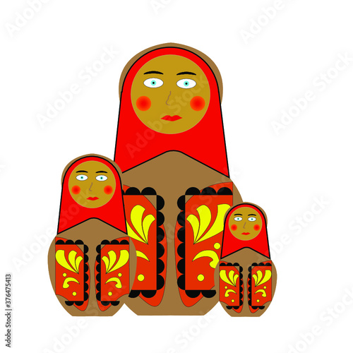 three volumetric wooden nesting dolls with national Slavic painting. symbol of Russia