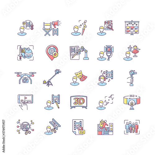 Film making process and staff RGB color icons set. Art director. AI written screenplay. Hollywood actor. Theatrical props. Innovative technology for cinematography. Isolated vector illustrations
