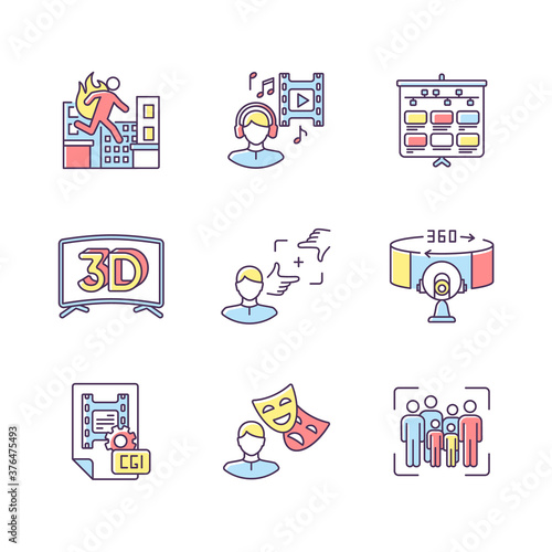 Film making RGB color icons set. Visual development for movie. Special effect for cinematography and animation. Theater actor. 3D television. Stuntman for film. Isolated vector illustrations