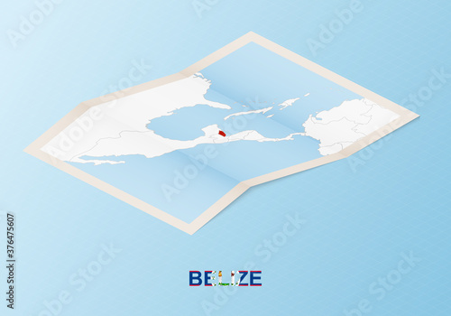 Folded paper map of Belize with neighboring countries in isometric style.