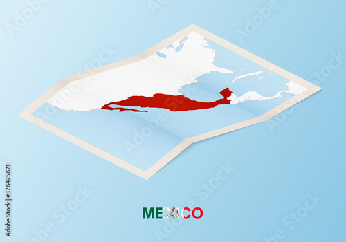Folded paper map of Mexico with neighboring countries in isometric style.
