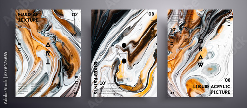 Abstract acrylic poster, fluid art vector texture set. Artistic background that applicable for design cover, invitation, flyer and etc. Golden, brown and white unusual creative surface template