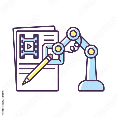 AI written screenplay RGB color icon. Innovative technology in film production. Artificial intelligence produce scenario for movie. Robot write script for theater. Isolated vector illustration