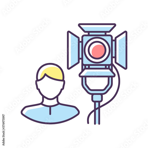 Lighting technician RGB color icon. Professional worker for electrical equipment. Stage spotlight coordination. Broadcasting live. Record action on television. Isolated vector illustration
