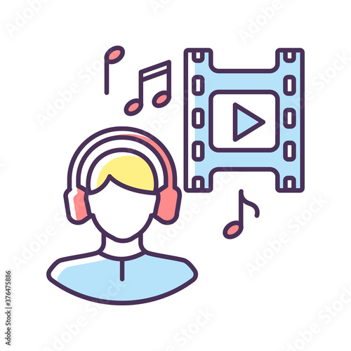 Music supervisor RGB color icon. Producer for audio making. Listen to song in headset. Composer for movie soundtrack. Sound in headphones. Record and melody playing. Isolated vector illustration