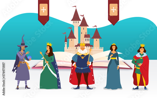 Fairy Tale characters in front of a castle and open book with king, queen, courtiers and wizard, colored vector illustration