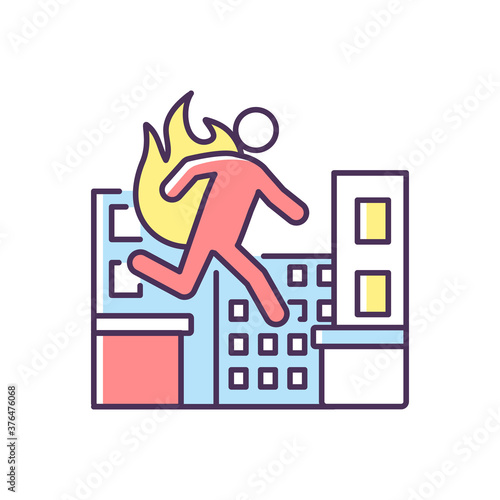 Stuntman RGB color icon. Cinema actor. Movie performer professional. Person run in disaster. Safety during fire hazard. Accident in city. Film production. Isolated vector illustration