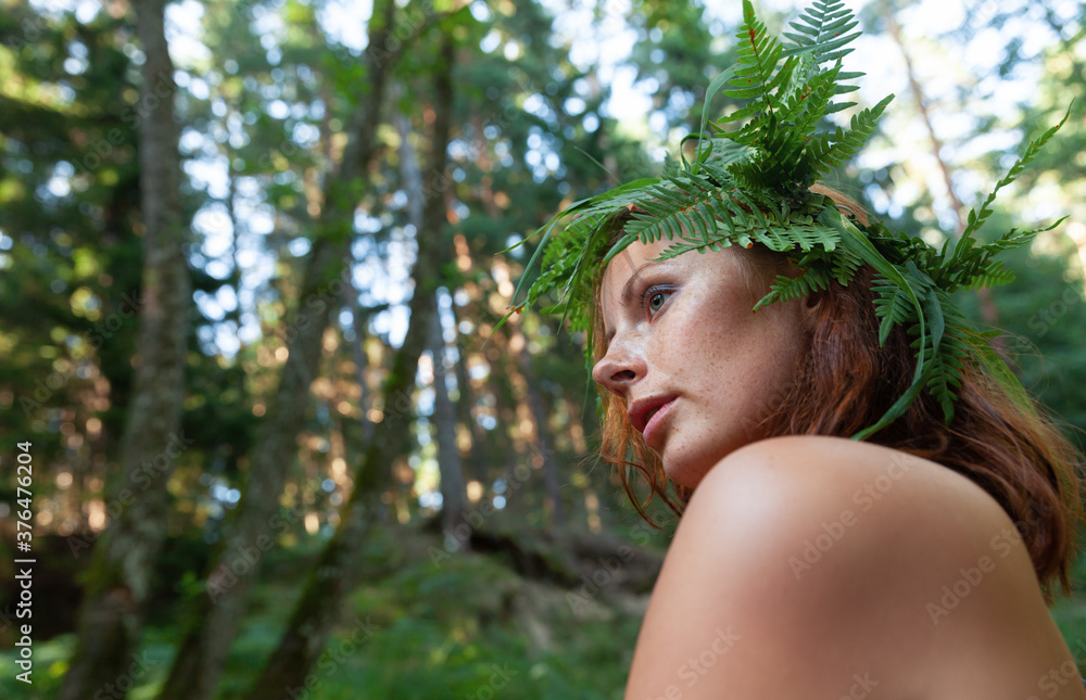 Nude Woman With Fern Wreath In The Forest River Stock Photo Adobe Stock