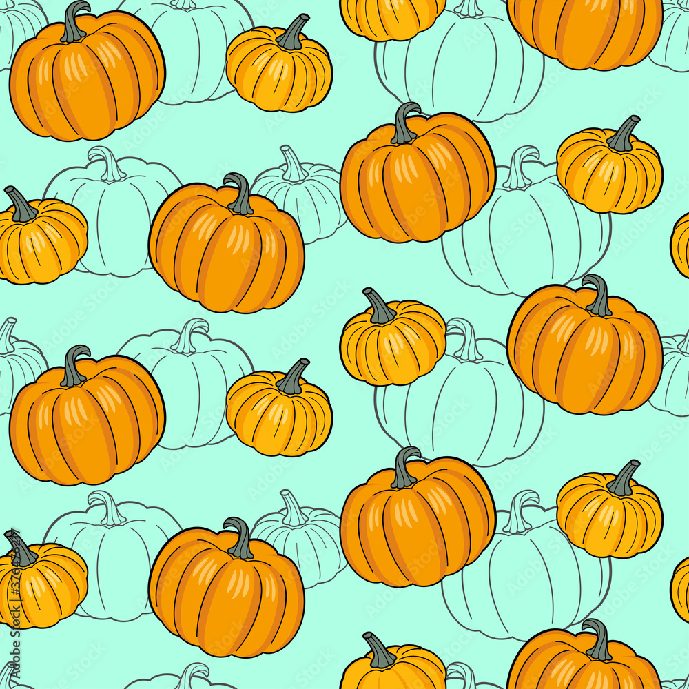 Colorful pumpkins on a green background with black outline pumpkins. Vector seamless pattern for wallpaper, wrapping paper, wrapper, packaging, country fair, farm market, food store, shop and print Colorful pumpkins on a green background with black outline pumpkins. Vector seamless pattern for wallpaper, wrapping paper, wrapper, packaging, country fair, farm market, food store, shop and print