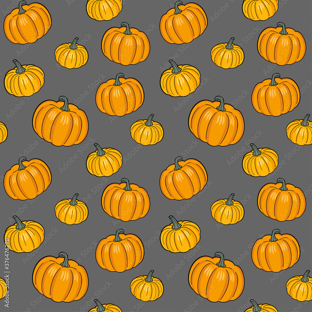 Orange pumpkins of different sizes on a gray background. Vector seamless pattern for wallpaper, wrapping paper, wrapper, packaging, country fair, farm market, food store, shop, textile, menu and print
