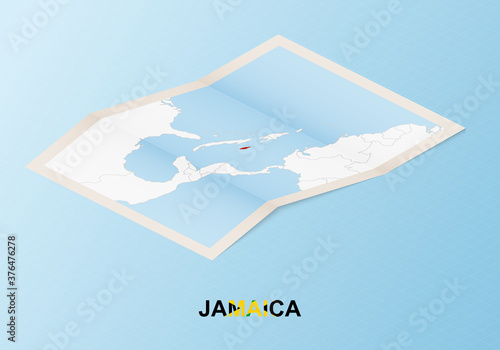 Folded paper map of Jamaica with neighboring countries in isometric style.