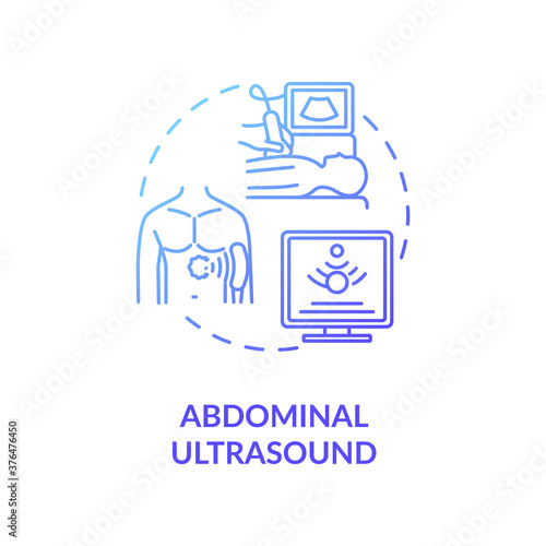 Abdominal ultrasound concept icon. Medical diagnostics procedure, sonography idea thin line illustration. Radiology, patient belly screening. Vector isolated outline RGB color drawing