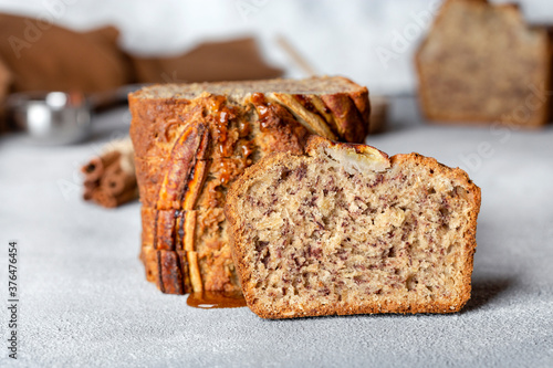 fresh homemade banana bread with nuts and honey