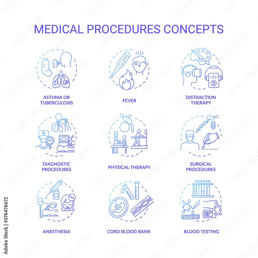 Medical procedures concept icons set. Professional healthcare. Diseases diagnostics and treatment services idea thin line RGB color illustrations. Vector isolated outline drawings