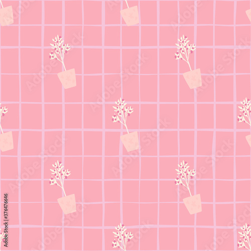 Creative seamless pattern with houseplant ornament. Chequered background. Interior artwork in pink palette.
