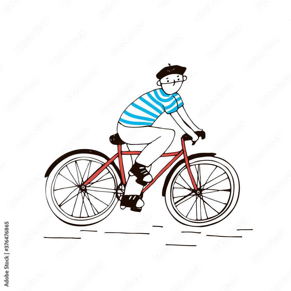 man on a bicycle in a medical mask vector hand drawn illustration print man on a bicycle in a medical mask vector hand drawn illustration print