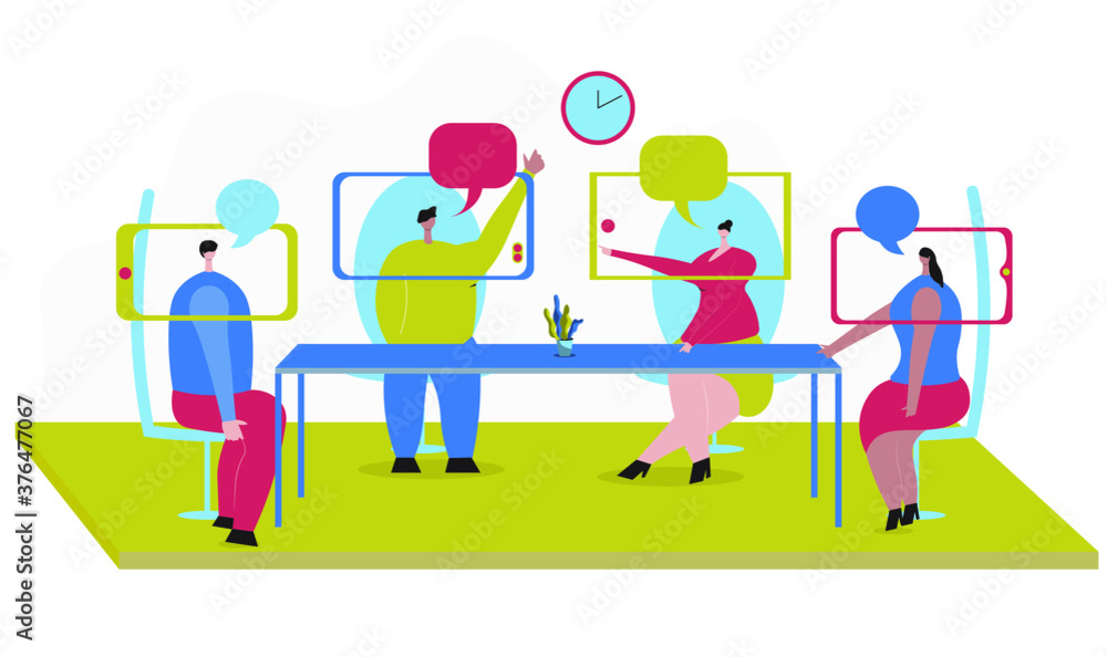 Concept of video conference meeting of employees during pandemic situation. Flat cute cartoon character vector illustration. Can be used for application and web designing and other suitable purpose.