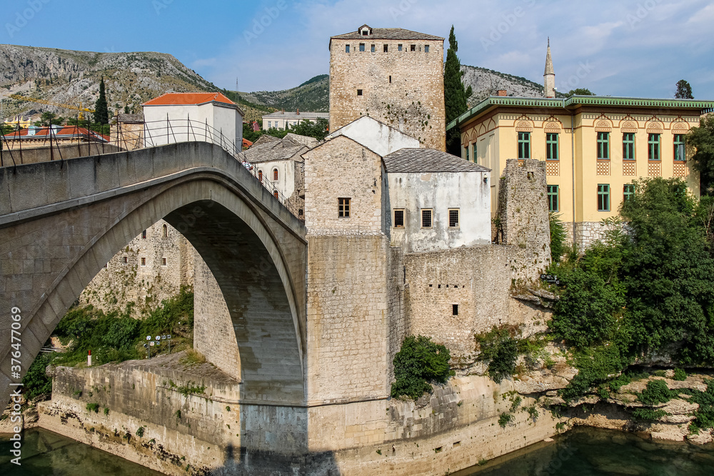Close up of the historic arched Old Bridge of Mostar on the Neretva River