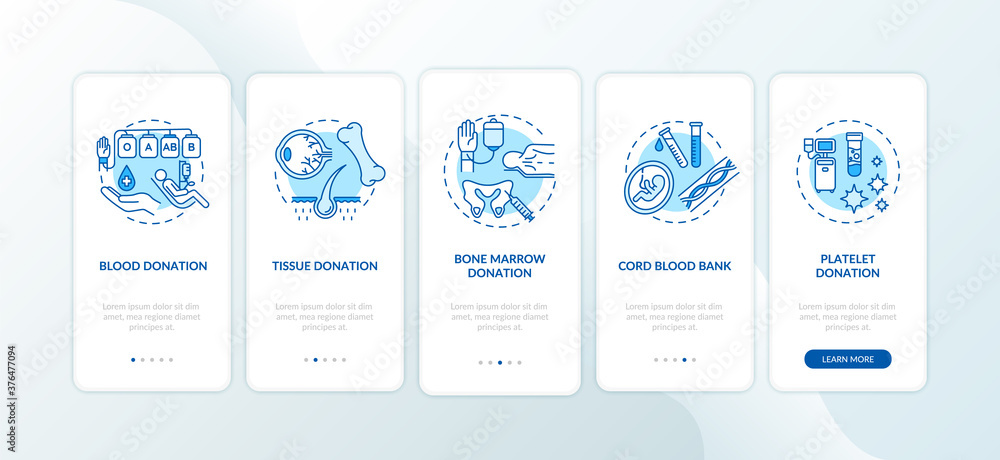 Organ donation onboarding mobile app page screen with concepts. Charity hospital. Transplantation clinic walkthrough five steps graphic instructions. UI vector template with RGB color illustrations