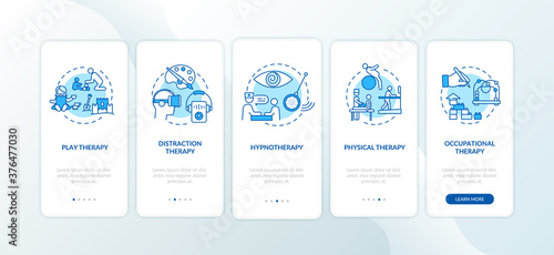 Pediatric palliative care onboarding mobile app page screen with concepts. Kids friendly treatment walkthrough five steps graphic instructions. UI vector template with RGB color illustrations
