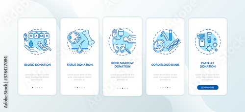 Organ donation onboarding mobile app page screen with concepts. Charity hospital. Transplantation clinic walkthrough five steps graphic instructions. UI vector template with RGB color illustrations