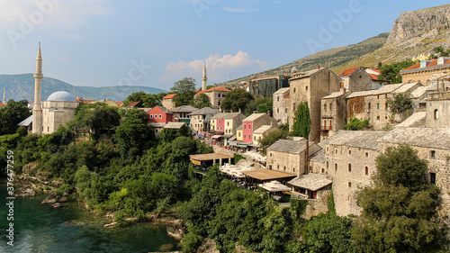 The old town of Mostar looking upstream from the historic old arched bridge