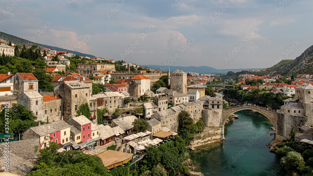 View over the old town of Mostar and the old bridge over the Neretva River