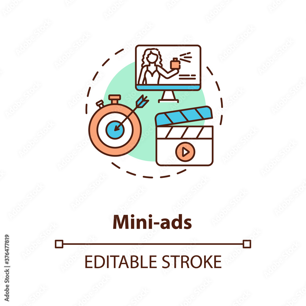 Mini-ads concept icon. Social media marketing campaign idea thin line illustration. Brand building. Small business promotion. Vector isolated outline RGB color drawing. Editable stroke