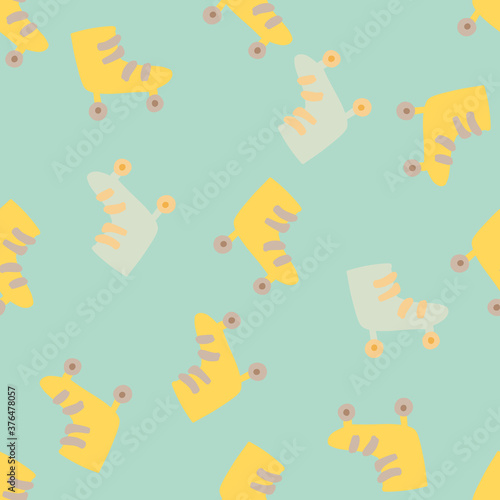 80s seamless doodle pattern with roller elements. Random doodle shoes print in yellow color on blue background.