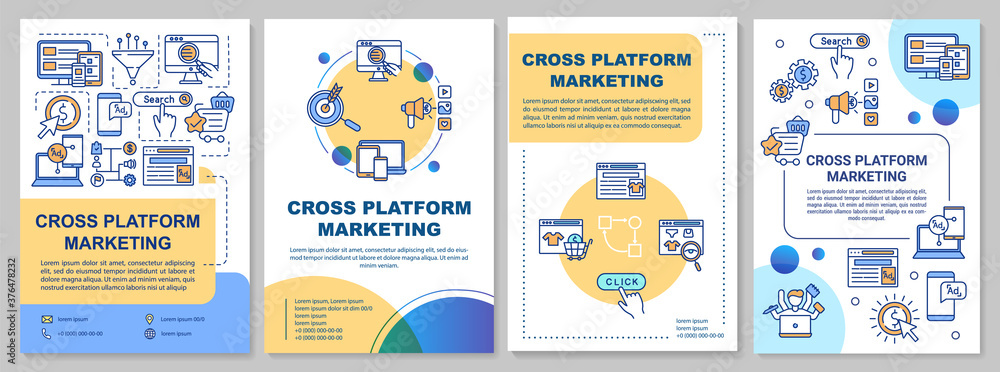 Fototapeta premium Cross platform marketing brochure template. Advertising strategy. Flyer, booklet, leaflet print, cover design with linear icons. Vector layouts for magazines, annual reports, advertising posters