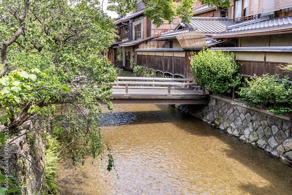 Waterway and bridge in Kyoto, Japan. Beautiful scenery in the Pontocho neighborhood.