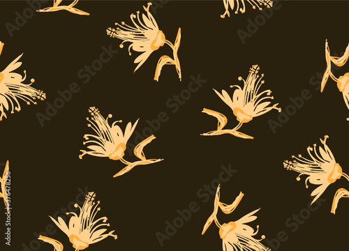 Abstract Hand Drawing Geometric Exotic Flowers and Leaves Repeating Vector Pattern Isolated Background 