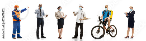 Group of people with different professions on white studio background  horizontal. Modern workers of diverse occupations  male and female models like accountant  cook  deliveryman  teacher  doctor.
