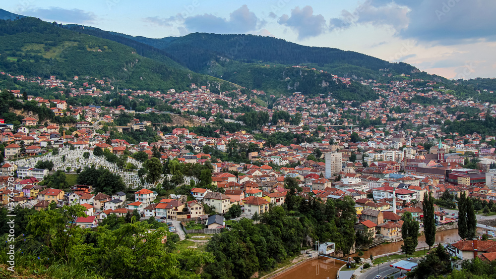 A view over the Sirokaca neighbourhood and the Miljacka River in Sarajevo
