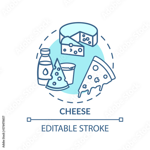Cheese concept icon. Delicious meal ingredients. Fresh dairy products. Different types of cheese. Groceries idea thin line illustration. Vector isolated outline RGB color drawing. Editable stroke