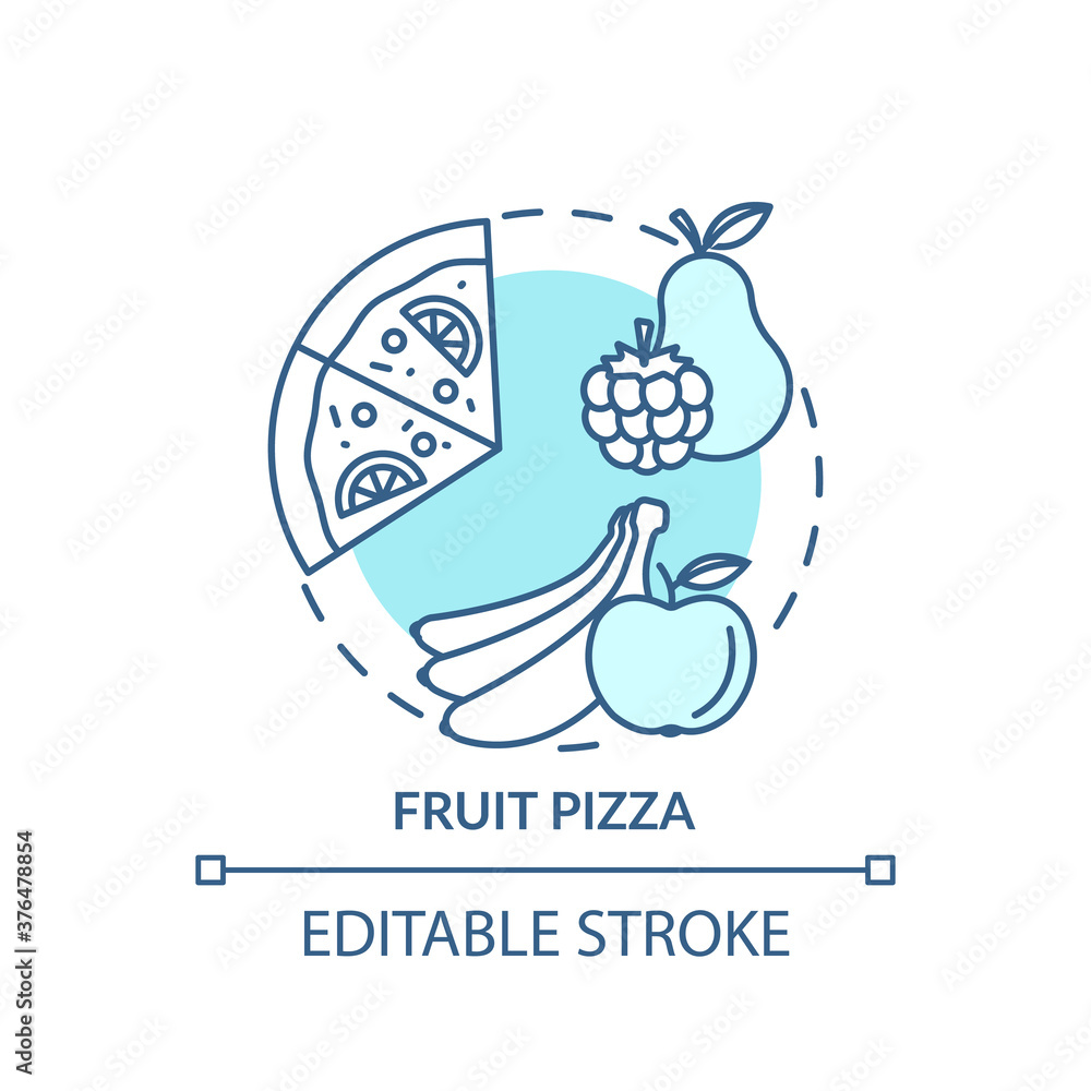 Fruit pizza concept icon. Organic sweet ingredients. Vegan pizzeria menu. Tasty children dishes idea thin line illustration. Vector isolated outline RGB color drawing. Editable stroke