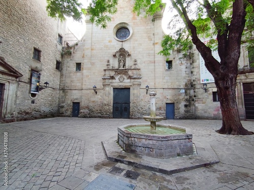 Barcelona,Catalonia/Spain - 2020 Barcelona during the lockdown because of the pandemic corona virus, covid 19.
Square of San Felipe Neri, plaça de Sant Felip Neri,at the centre of the Catalan capital.