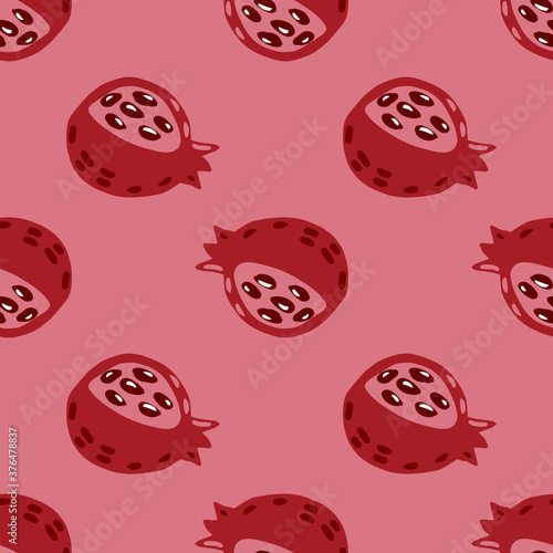 Seamless fruit pattern with garnet hand drawn ornament. Red food silhouettes on dark pink background.