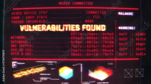 Vulnerabilities found text on screen, weak password and security, data theft. System warning, hacking attempt photo