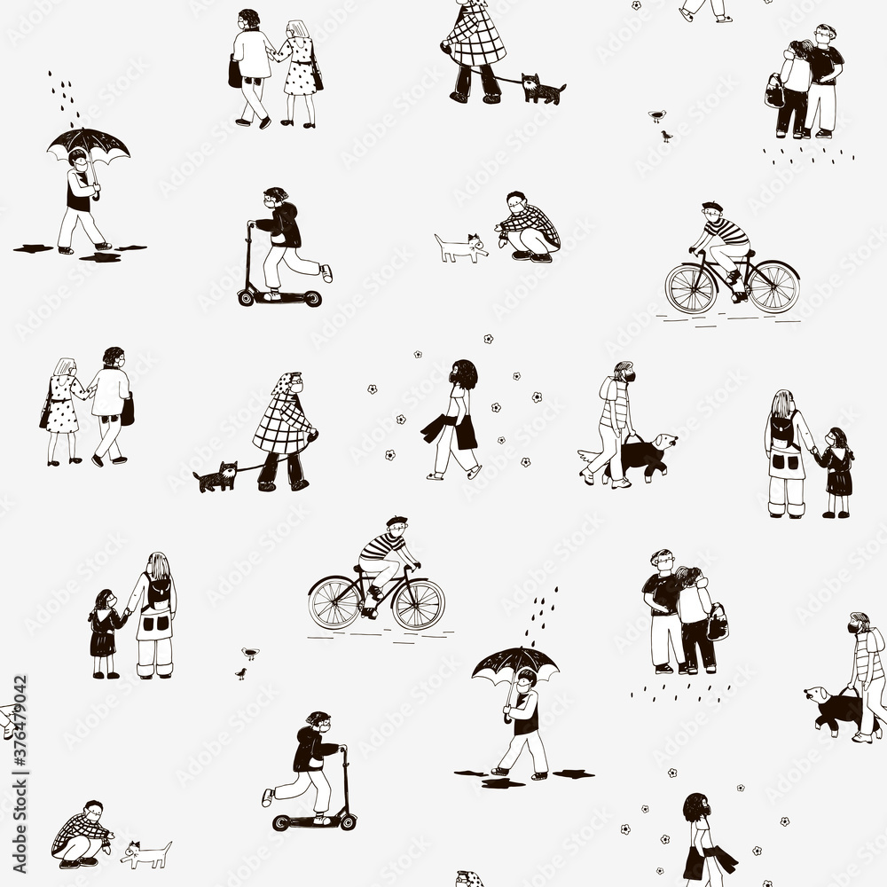 People in medical masks hand drawn cartoon vector seamless pattern People in medical masks hand drawn cartoon vector seamless pattern
