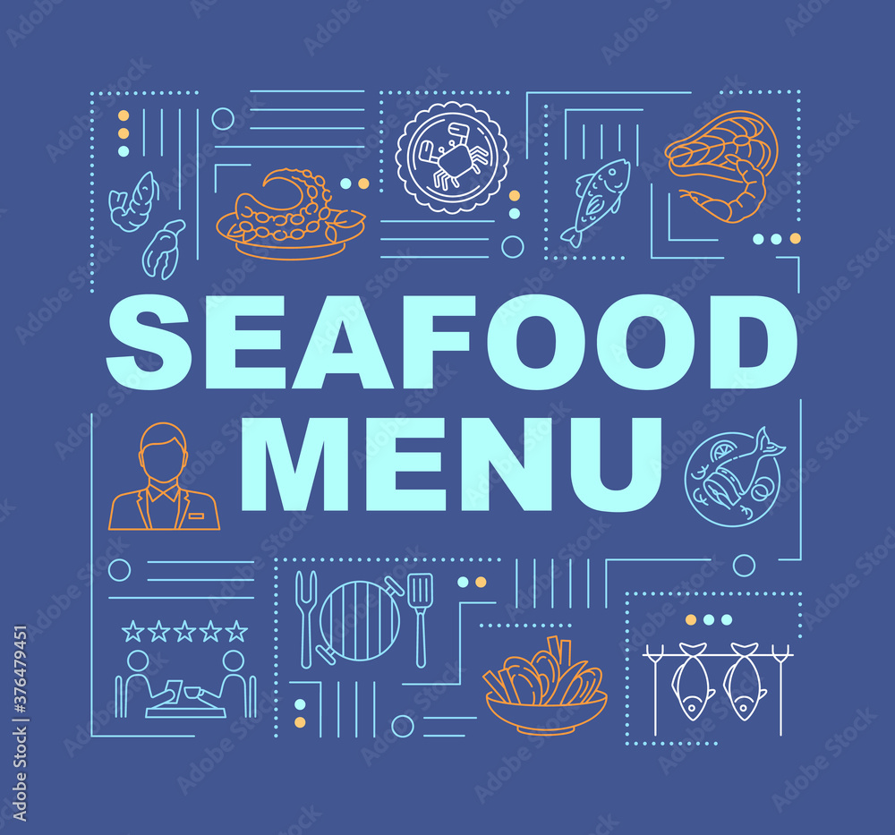 Seafood menu word concepts banner. Fish dishes. Infographics with linear icons on dark blue background. Isolated typography. Vector outline RGB color illustration